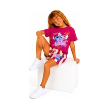 Cg Kids Stitch Ve Angel Kız Çocuk Baskılı Çizgili Şortlu Takım - Fuşya / Mürdüm Pembe