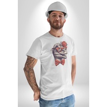 Kırmızı Gözlük Papyon Dinazor Unisex Unisex Beyaz Organik Baskılı T-shirt Penye Yüksek Kalite Beyaz