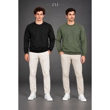 Modi Erkek 2li Bisiklet Yaka İçi Şardonlu 2 İplik Düz Uzun Kollu Regular Fit Sweatshirt - Siyah - Haki Çok Renkli Xl