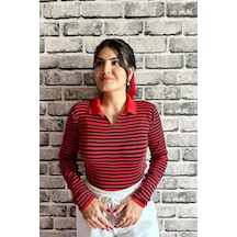 Kırmızı Renk İnce Çizgi Detaylı Polo Yaka Standart Beden Kadın Kazak Kırmızı