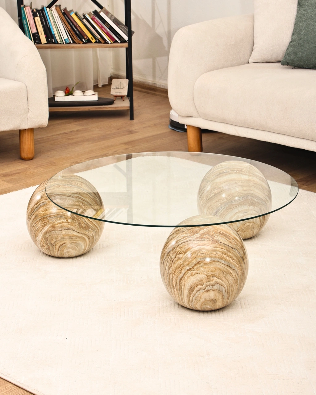 Modern Orta Sehpa & Küre Sehpa & Top Sehpa & Şeffaf Yuvarlak Cam & Treverten Mermer Bej