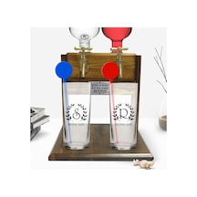 Kişiye Özel Renkli Baskılı Çelenk Baş Harfli İsimli İkili Vodka Bardağı Ve Çift Musluklu Doğal Ahşap Vodka Standı-4