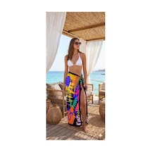 Nazzain Miami Pop Desenli Bağlamalı Yırtmaçlı Pareo Plaj Eteği Bikini Üstü Plaj Giyim Yazlık Beachwear 150x95 Cm Çok Renkli