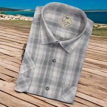 Linen Keten Klasik Kısa Kollu İki Cepli Kapaklı Gri Baba Gömleği Regular Kalıp -10132 Gri