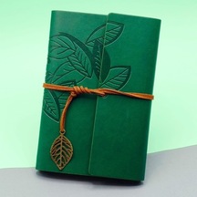 Askımo - Yeşil Deri Kapaklı Yaprak Desenli Defter