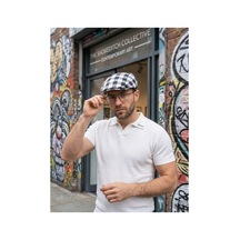 Emybox %100 Keten Yazlık Erkek Şapka London Model - El Yapımı İçi Astarlı Lastikli Terletmez Kumaş Standart Siyah Damalı