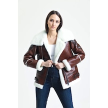 M M Marki Marki Kadın Kahverengi Vintage Deri Mont, Beyaz Kürklü, Balıkçı Yaka, Oversize, Şık Ve Sıcak - 105222