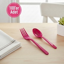 100 'er Adet Fuşya Plastik Lüx Çatal Ve Kaşık Seti