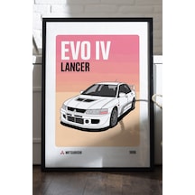Mitsubishi Lancer Evo Iv Siyah Ahşap Çerçeveli Poster, Dekoratif Araba Duvar Tablosu