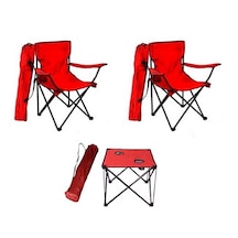 2 Ad Kırmızı Katlanır Kamp Sandalyesi+1 Ad Masa Piknik Çantalı Kırmızı
