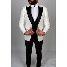 Jan Carlucci Slimfit Sivri Yaka Damatlık Takım Ceket - Yelek - Pantolon - Gömlek - Papyon Beyaz
