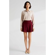 Benerly Kadın A-line Mini Etek %100 Pamuk Gabardin Pili Detaylı Normal Be Bordo