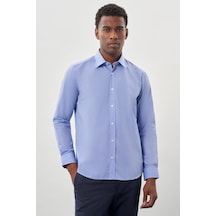 İmza Mavi Uzun Kollu Filafil Sert Yaka Cepsiz Pamuklu Basic Slim Fit Dar Kesim Gömlek 1004240008 Açık Mavi