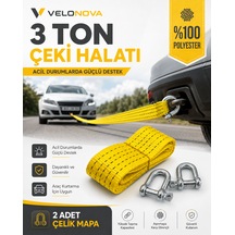 3 Ton Sarı Çekme Halatı 3 Metre 5 Cm Genişlik 2 Adet Çelik Mapa Dahil %100 Polyester Araç Kurtarma Halatı