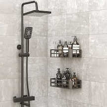 2'li Set Siyah Yapışkanlı Banyo Duş Rafı - 27x12 Cm Matkapsız Montaj Şampuanlık Ve Mutfak Baharatlık Organizeri