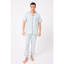 L'espadon Marısılk Seastrıpe Erkek Dokuma Yazlık Kısa Kollu Pantolonlu Pijama & Lounge Takımı Takımı-3200 Nane Yeşili