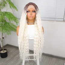 Afro Dalga Kumral Beyaz Platin Ombre Fiber Sentetik Tül Peruk - Zmff-582343 Renkli