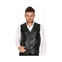 Deriwork Hakiki Deri Siyah Casual Düğmeli Erkek Deri Yelek Siyah