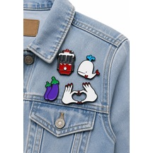 Eğlenceli Pop Art 4'lü Metal Emaye Rozet Set Tramvay, Balina, Kalp El Ve Patlıcan Gri