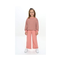 Toontoy Kids Toontoy Kız Çocuk 2'li Takım Çizgili Bisiklet Yaka Yırtmaçlı Sweatshirt & Beli Lastikli Bol Paça Eşofman Altı - 2 İplik Mercan