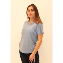 Rich Kadın Organik Bisiklet Yaka T-shirt %100 Pamuk Tişört Mavi