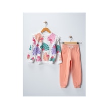 Veramoni Kız Çocuk Flamingo Baskılı Uzun Kollu Eşofman Sweatshırt Takım Krem