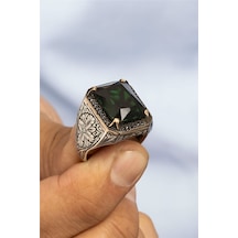 Yeşil Zirkon Taşlı Kalem İşlemeli Gümüş Erkek Yüzük -8379 Gümüş