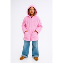 Esila Kids Kız Çocuk Ceket Peluş Kapüşonlu Uzun Kollu Kışlık Ceket 4-9 Yaş Pembe