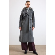 Olcay Oversize Çıkabilen Kürklü Düşük Kol Kaban Koyu Gri 3178