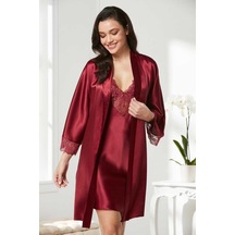 Pierre Cardin Saten Dantelli Gecelik Sabahlık Takım 4280 Bordo 001