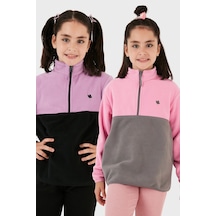 Lela Yumuşak Dokulu Yarım Fermuarlı Renk Bloklu Dik Yaka 2'Li Paket Çocuk Polar 5905004S2 Lila Siyah-Şeker Pembe Gri
