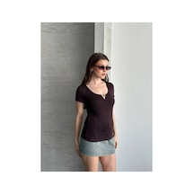 Asur Boutique Asur Butik Kadın V Demirli Esnek Kumaş Kısa Kol Body Kahverengi