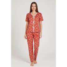 Angbutik Kadın Turuncu Desenli Fiyonklu Kısa Kollu Uzun Pijama Takımı