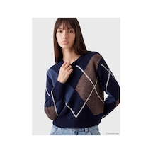 LC Waikiki Alıta Cıty Farkıyla Xsıde Lacivert Oval Yaka Baklava Desenli Kadın Triko Kazak Lacivert - 931153227 Lacivert