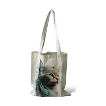 Toz Vintage Kanvas Kedi Desenli Çift Taraf Desenli Bez Omuz Çantası Krem
