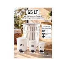 4'lü Banyo Seti Pliseli Kirli Çamaşır Sepeti 65 Lt & 3'lü Pedallı Çöp Kovası Seti 20l + 13l + 8l İç Kovalı Beyaz - 893381540 Beyaz