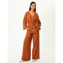 Koton Kimono Geniş Kollu Düğmeli Beli Bağcıklı V Yaka Kahverengi 4wak50104uw Kahverengi