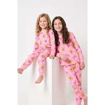 Zuzunga Kız Çocuk Sevimli Ayıcık, Kalp Ve Fiyonk Desenli Pembe Uzun Kollu Pijama Takımı
