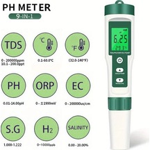 Meridiangoods Yeşil 9'u 1 Arada Su Kalitesi Test Kalemi Ph Orp Ec Tds Sıcaklık Ölçer Taşınabilir