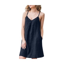 Lacivert Zanzea Bayan Yaz Kolsuz V Yaka Pamuk Basic İnce Mini Kayma Elbise