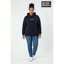 Süperlife Kadın Büyük Beden Kapüşonlu Brooklyn Baskılı İnce Sweatshirt Spr26bswk961 Lacivert