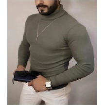 Barlashive Erkek Kaşkorse Boğazlı Full Likralı Fitilli Body Kazak - Haki Çok Renkli
