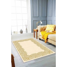 Krem Gold Çerçeveli Kaymaz Tabanlı Dekoratif Halı Mk57n11 Krem - Gold