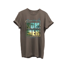Dream Of Summer Yazılı Palmiye Ve Sahil Temalı %100 Pamuk Regular Fit Unisex T-shirt Kahverengi