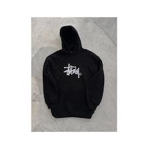 Erkek Üç İplik Kapşonlu Baskılı Sweatshirt - Siyah