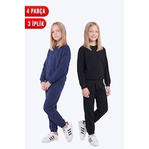 Panios Kids 3 İplik Düz Kız Çocuk Çift Cepli Bisiklet Yaka 2'li Eşofman Takımı Lacivert-siyah