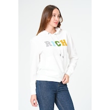 Kadın Kapüşonlu Süzüne Baskılı Sweatshirt Beyaz
