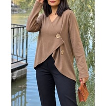 Veraura Lifestyle Kruvaze Kesim Büyük Düğmeli Vizon İnce Triko Hırka