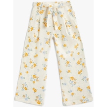 Koton Keten İspanyol Paça Pantolon Çiçekli Beli Kemerli Sarı Desenli 4skg40096aw Sarı