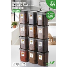 Etiket Hediyeli 12'li Set Kendinden Kapaklı 1150ml. Kare Saklama Kabı - Mikrodalga Ve Difrize Uygun Antrasit-şeffaf